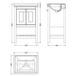 Bexley 500mm Freestanding 2-Door 1-Shelf Vanity Unit with 0-Tap Hole Fireclay Basin - Satin White - Technical Drawing