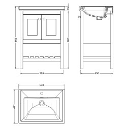 Bexley 600mm Freestanding 2-Door 1-Shelf Vanity Unit with 1-Tap Hole Fireclay Basin - Satin White - Technical Drawing
