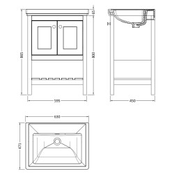 Bexley 600mm Freestanding 2-Door 1-Shelf Vanity Unit with 0-Tap Hole Fireclay Basin - Satin White - Technical Drawing