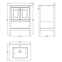 Bexley 600mm Freestanding 2-Door 1-Shelf Vanity Unit with Single Bowl & Marble Top - Satin White White - Technical Drawing
