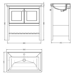 Bexley 800mm Freestanding 2-Door 1-Shelf Vanity Unit with 1-Tap Hole Fireclay Basin - Satin White - Technical Drawing