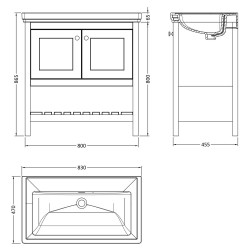 Bexley 800mm Freestanding 2-Door 1-Shelf Vanity Unit with 0-Tap Hole Fireclay Basin - Satin White - Technical Drawing