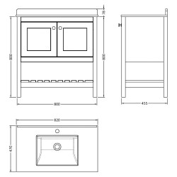 Bexley 800mm Freestanding 2-Door 1-Shelf Vanity Unit with Single Bowl & Marble Top - Satin White White - Technical Drawing