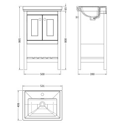 Bexley 500mm Freestanding 2-Door 1-Shelf Vanity Unit with 1-Tap Hole Fireclay Basin - Cool Grey - Technical Drawing