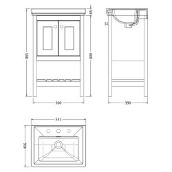 Bexley 500mm Freestanding 2-Door 1-Shelf Vanity Unit with 3-Tap Hole Fireclay Basin - Cool Grey - Technical Drawing