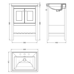Bexley 600mm Freestanding 2-Door 1-Shelf Vanity Unit with 3-Tap Hole Fireclay Basin - Cool Grey - Technical Drawing
