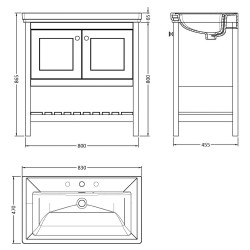 Bexley 800mm Freestanding 2-Door 1-Shelf Vanity Unit with 3-Tap Hole Fireclay Basin - Cool Grey - Technical Drawing