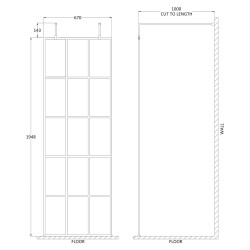 700mm x 1950mm Black Framed Wetroom Screen with Support Bars and Feet - Technical Drawing