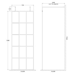 760mm x 1950mm Black Framed Wetroom Screen with Support Bars and Feet - Technical Drawing