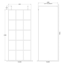 900mm x 1950mm Black Framed Wetroom Screen with Support Bars and Feet - Technical Drawing