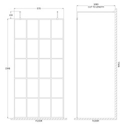 1000mm x 1950mm Black Framed Wetroom Screen with Support Bars and Feet - Technical Drawing