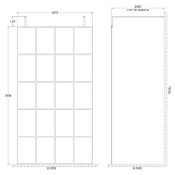 1100mm x 1950mm Black Framed Wetroom Screen with Support Bars and Feet - Technical Drawing