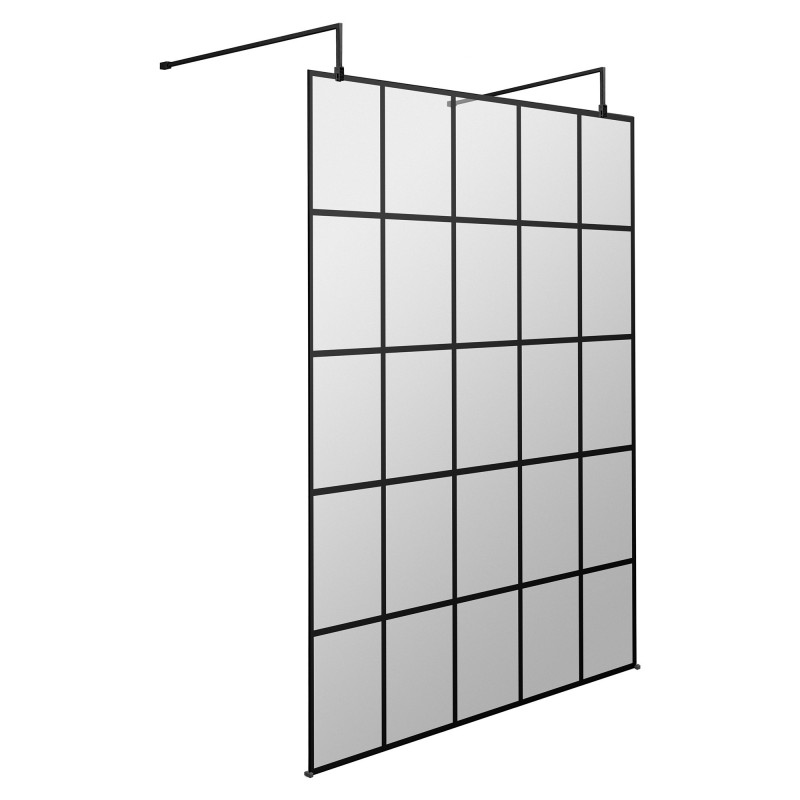 1400mm x 1950mm Black Framed Wetroom Screen with Support Bars and Feet 1400mm x 1950mm Black Framed Wetroom Screen with Support Bars and Feet