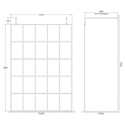 1400mm x 1950mm Black Framed Wetroom Screen with Support Bars and Feet - Technical Drawing