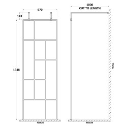 Matt Black 700mm Abstract Frame Wetroom Screen with Support Bars - Technical Drawing