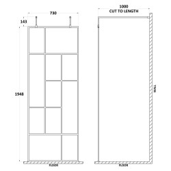 Matt Black 760mm Abstract Frame Wetroom Screen with Support Bars - Technical Drawing
