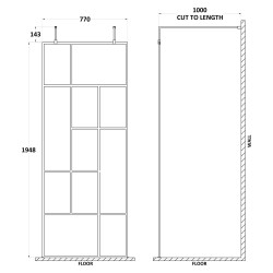 Matt Black 800mm Abstract Frame Wetroom Screen with Support Bars - Technical Drawing