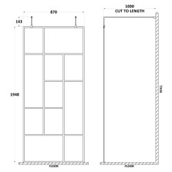 Matt Black 900mm Abstract Frame Wetroom Screen with Support Bars - Technical Drawing