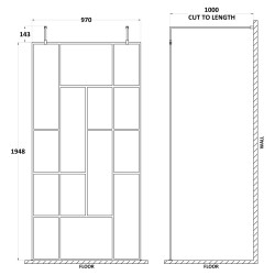 Matt Black 1000mm Abstract Frame Wetroom Screen with Support Bars - Technical Drawing