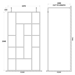 Matt Black 1100mm Abstract Frame Wetroom Screen with Support Bars - Technical Drawing