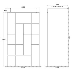 Matt Black 1200mm Abstract Frame Wetroom Screen with Support Bars - Technical Drawing
