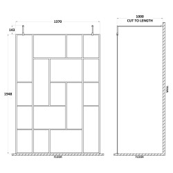 Matt Black 1400mm Abstract Frame Wetroom Screen with Support Bars - Technical Drawing