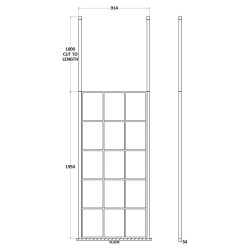 900mm x 1950mm Black Framed Wetroom Screen with Ceiling Posts - Technical Drawing