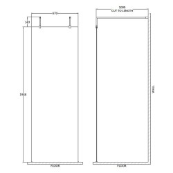 700mm x 1950mm Wetroom Screen with Black Support Bars and Feet - Technical Drawing