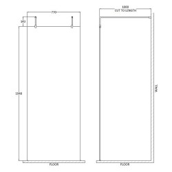 800mm x 1950mm Wetroom Screen with Black Support Bars and Feet - Technical Drawing
