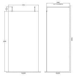 1000mm x 1950mm Wetroom Screen with Black Support Bars and Feet - Technical Drawing
