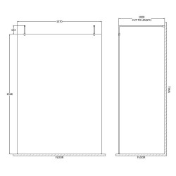 1400mm x 1950mm Wetroom Screen with Black Support Bars and Feet - Technical Drawing