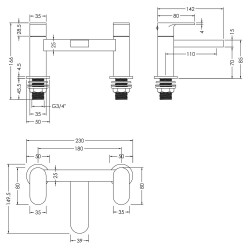 Binsey Deck Mounted Bath Filler - Technical Drawing