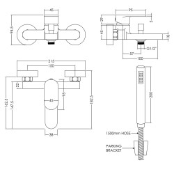 Binsey Wall Mounted Bath Shower Mixer With Kit - Technical Drawing