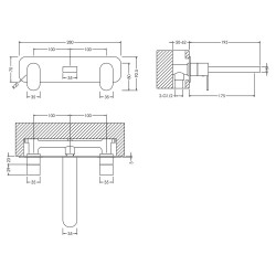 Binsey Wall Mounted 3 Tap Hole Basin Mixer With Plate - Technical Drawing