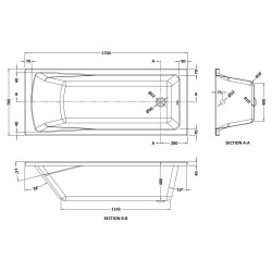 Linton Square Single Ended Rectangular Bath 1700mm x 700mm - Eternalite Acrylic - Technical Drawing
