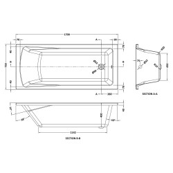 Linton Square Single Ended Rectangular Bath 1700mm x 750mm - Eternalite Acrylic - Technical Drawing