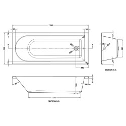 Barmby Round Single Ended Rectangular Bath 1700mm x 700mm - Eternalite Acrylic - Technical Drawing
