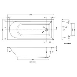 Barmby Round Single Ended Rectangular Bath 1700mm x 750mm - Eternalite Acrylic - Technical Drawing