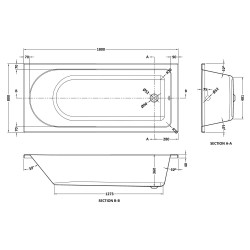 Barmby Round Single Ended Rectangular Bath 1800mm x 800mm - Eternalite Acrylic - Technical Drawing