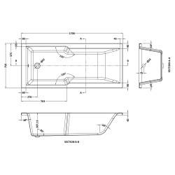 Square Straight Single Ended Shower Bath 1700mm x 750mm - Eternalite Acrylic - Technical Drawing