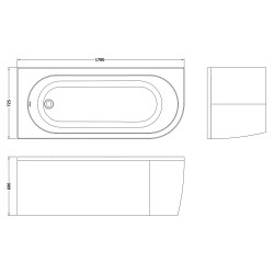 Crescent 1700mm Left Hand Back to Wall Corner Bath - White - Technical Drawing