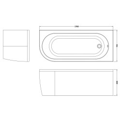 Crescent Back-to-Wall Bath incuding Panel 1700mm x 725mm - Right Handed - Technical Drawing