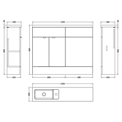 Fusion 1100mm Slimline Combination Vanity & Toilet Unit - Gloss White - Technical Drawing