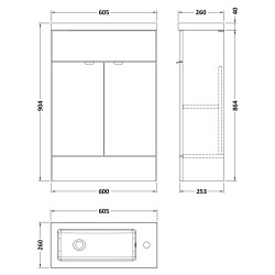 Fusion 600mm Slimline Vanity Unit with Basin - Gloss White - Technical Drawing