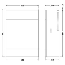 Fusion 600mm Compact Toilet Unit - Gloss White - Technical Drawing