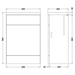 Fusion 600mm Toilet Unit with Polymarble Top - Gloss White - Technical Drawing