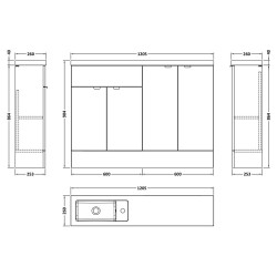 Fusion 1200mm Slimline Combination Vanity, Toilet and Storage Unit with Left Hand Basin - Gloss White - Technical Drawing