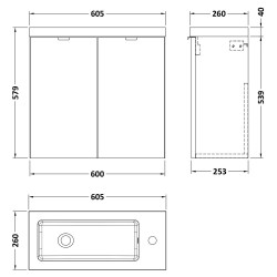 Fusion 600mm Wall Hung Slimline 2 Door Vanity Unit and Basin with 1 Side Tap Hole - Gloss White - Technical Drawing
