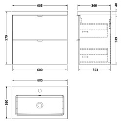 Fusion 600mm Wall Hung 2 Drawer Vanity Unit with Basin - Gloss White - Technical Drawing