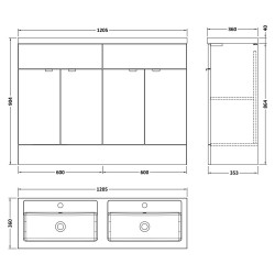 Fusion 1200mm 4 Door Vanity Unit with Double Basin - Gloss White - Technical Drawing